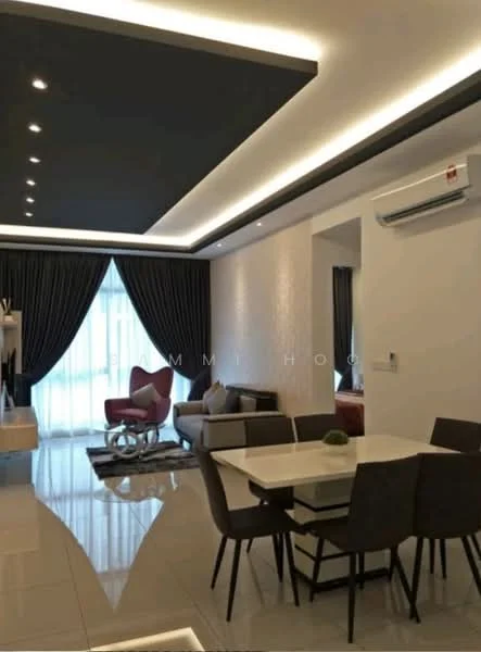 Living features: grey accent wall, white painted walls, polished tile flooring, recessed LED downlights, ceiling with cove lighting, floor-to-ceiling windows, sheer curtains, area rug with geometric pattern, dining table with 6 chairs, 2-seater fabric sofa in red, decorative wall paneling, wall-mounted air conditioning unit; style: modern.