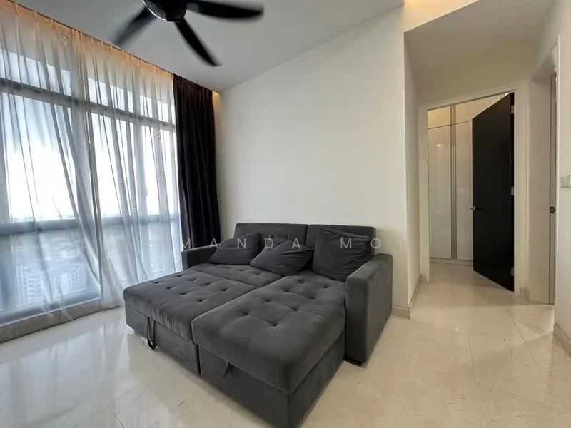Living features: L-shape sectional sofa in grey, floor-to-ceiling windows, sheer curtains, blackout curtains, white painted walls, polished tile flooring, ceiling fan, decorative wall with light, doorway leading to another room; style: modern; view: city.