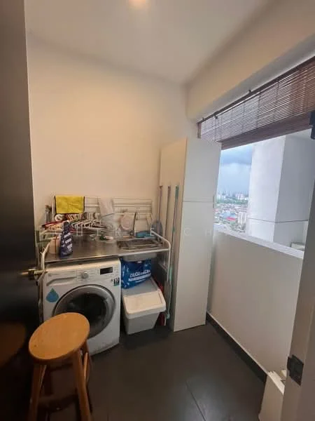 Laundry features: front-load washing machine, stainless-steel sink, countertop workspace, white cabinetry, window with city view, black tile flooring, wooden stool, plastic waste bin; style: modern; view: city.
