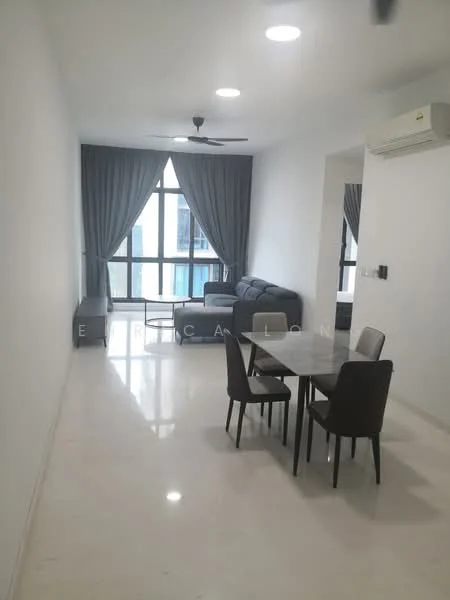Living features: white painted walls, polished marble flooring, 5-blade ceiling fan, floor-to-ceiling windows, grey fabric sofa, black dining table, 4 dining chairs, curtains in grey, air conditioning unit; style: modern.