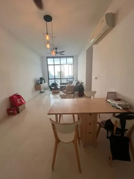 Living features: white painted walls, polished concrete flooring, 5-blade ceiling fan with light, pendant lights, floor-to-ceiling windows, sofa, dining table with chairs, air conditioning unit, decorative items on table, TV console, city view; style: modern; view: city.