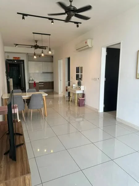 Living features: white painted walls, glossy ceramic tile flooring, 5-blade ceiling fan with light, recessed downlights, dining table with 4 grey chairs, TV console, wall-mounted TV, air conditioning unit, open kitchen layout, kitchen cabinetry, kitchen countertop; style: modern.