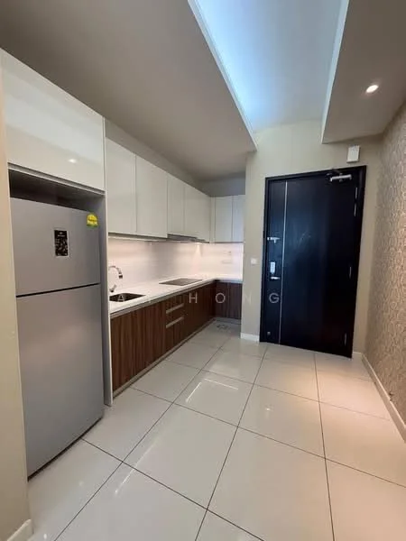 Kitchen features: stainless-steel fridge, white shaker cabinets, brown wood cabinetry, white countertop, single-bowl stainless-steel sink, chrome pull-down faucet, ceramic tile flooring, recessed downlights, wall-mounted oven, backlit wall, decorative wallpaper, sliding door, open shelving; style: modern.