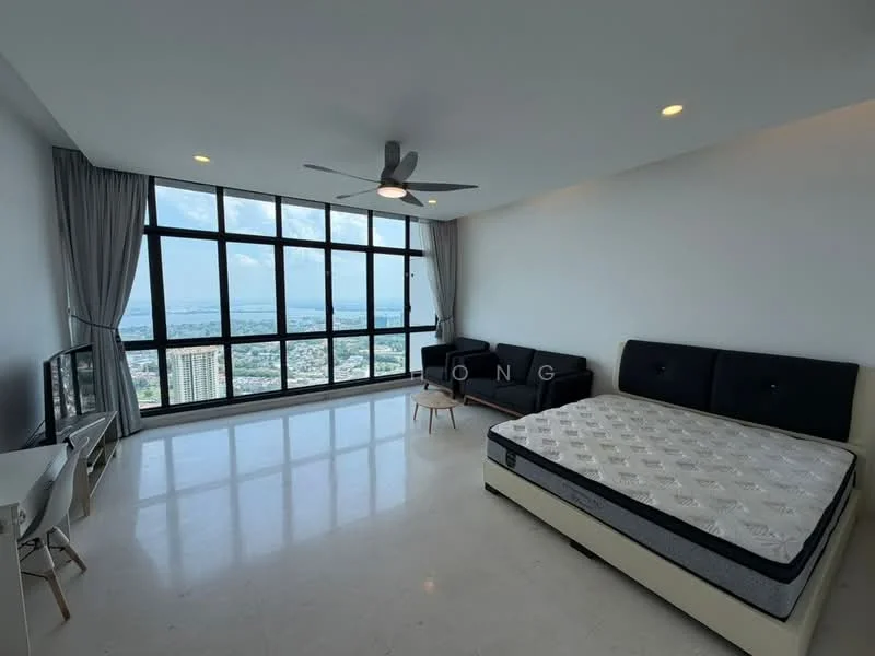 Living features: floor-to-ceiling windows, city view, light grey walls, white ceiling, 5-blade ceiling fan, marble flooring, black sofa, bed with mattress, TV console, wall-mounted TV, decorative chair; style: modern; view: city.