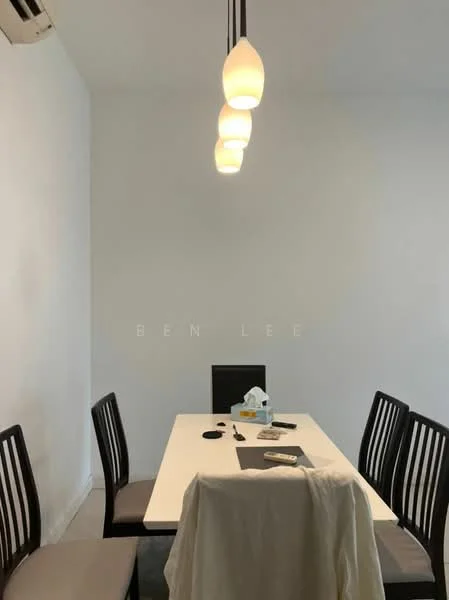 Dining features: 6-seater dining table, black dining chairs, white tablecloth, pendant lighting with multiple bulbs, air conditioning unit on wall, white painted walls, light-colored flooring, decorative items on table; style: modern.