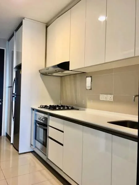 Kitchen features: white high-gloss cabinetry, stainless-steel gas hob, built-in oven, stainless-steel range hood, single-bowl stainless-steel sink, chrome pull-down faucet, white quartz countertop, ceramic tile backsplash, refrigerator, under-cabinet lighting, tile flooring; style: modern.