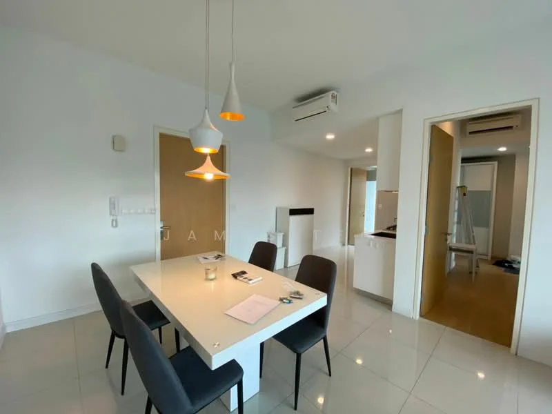 Dining features: white painted walls, glossy tile flooring, 6-seater dining table, black upholstered dining chairs, pendant light with orange accent, wall-mounted split AC, open layout to kitchen, natural light from adjacent room; style: modern. Room features: white painted walls, wooden door, light wood flooring, open doorway to kitchen, ladder visible in background.