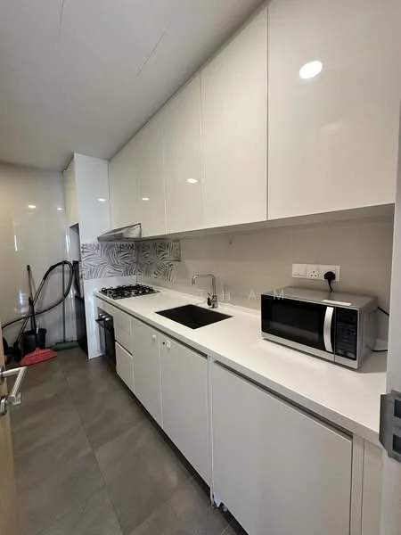 Kitchen features: white glossy cabinetry, black single-bowl sink, chrome pull-down faucet, white quartz countertop, gas cooktop with 4 burners, built-in oven, microwave, decorative backsplash with geometric pattern, grey tile flooring, recessed downlights, vacuum cleaner visible, dishwasher, open shelving; style: modern.