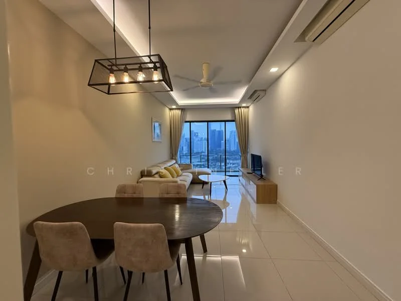 Living features: white painted walls, glossy tile flooring, 5-blade ceiling fan, recessed downlights, sofa in light beige, coffee table, wall-mounted TV, TV console in wood, floor-to-ceiling windows, curtains, dining table for 4, upholstered dining chairs in beige; style: modern; view: city.