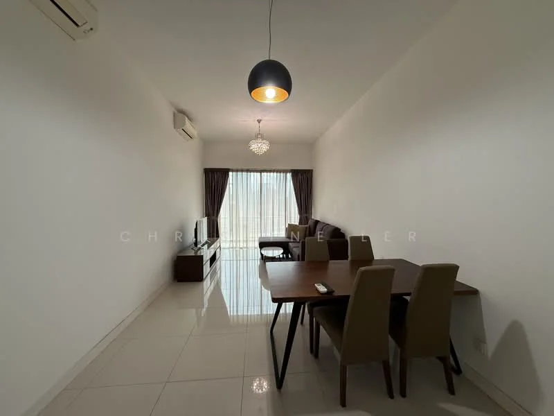 Dining features: dining table with four chairs, polished ceramic tile flooring, white painted walls, floor-to-ceiling windows with sheer curtains, wall-mounted TV, sofa in dark color, ceiling light fixture, air conditioning unit; style: modern.
