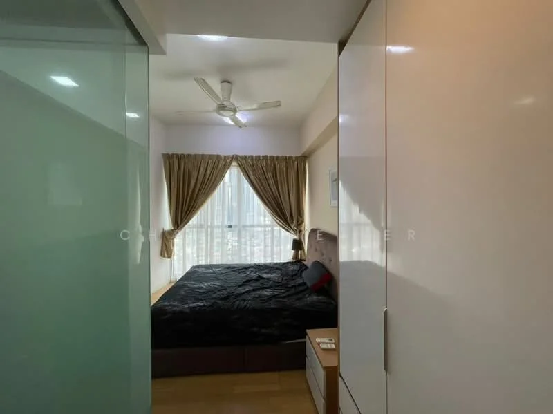 Bedroom features: king-size bed with black bedding, upholstered headboard, floor-to-ceiling windows, sheer curtains, 5-blade ceiling fan, wooden flooring, built-in wardrobe with sliding doors, nightstand with drawer; style: modern; view: city.