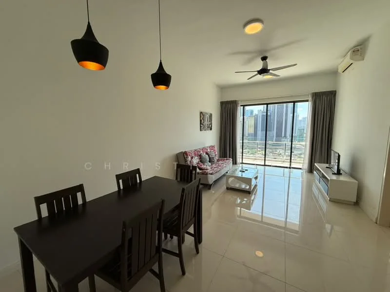 Living features: 3-seater fabric sofa in pink and white floral pattern, coffee table, TV console, wall-mounted TV, dining table for 6 with dark wood finish, 6 dining chairs, ceiling fan, recessed downlights, floor-to-ceiling windows, curtains, glossy white tile flooring, decorative artwork on wall; style: modern; view: city.
