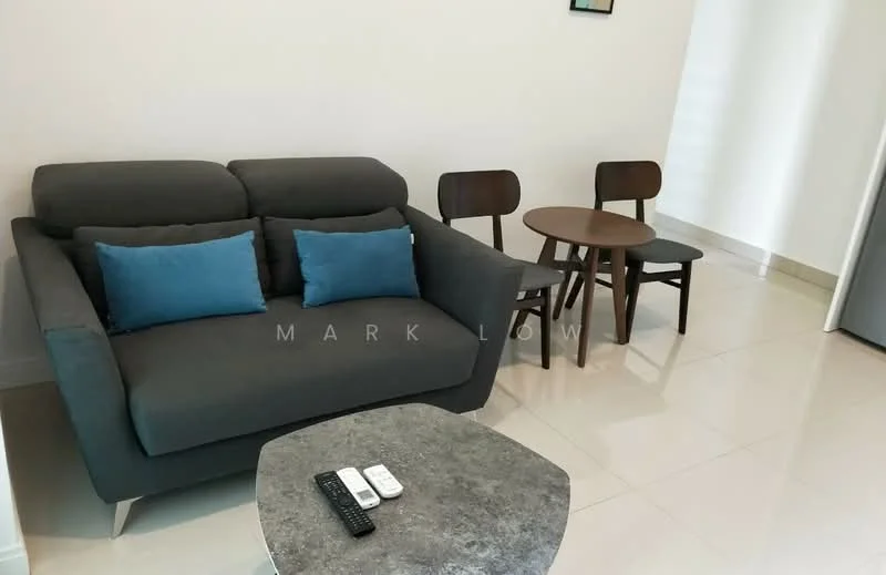 Living features: 3-seater fabric sofa in grey, 2 blue accent cushions, wooden dining table with 2 chairs, round coffee table with stone top, glossy tile flooring, white painted walls, refrigerator visible in background; style: modern.