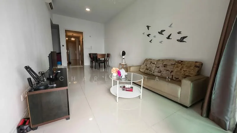 Living features: cream painted walls, glossy tile flooring, 3-seater fabric sofa in beige, round coffee table with white top, TV console, wall-mounted TV, decorative wall art with birds, floor-to-ceiling windows with curtains, dining table with four chairs, ceiling light fixture; style: modern.