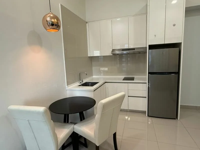 Kitchen features: white glossy cabinetry, stainless-steel sink, chrome pull-down faucet, black countertop, built-in oven, induction hob, stainless-steel range hood, refrigerator, round dining table, 2 upholstered dining chairs, ceramic tile flooring, recessed downlights, neutral painted walls; style: modern.