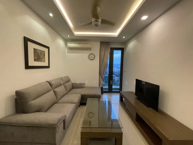 Living features: 3-seater fabric sofa in grey, coffee table with glass top, wall-mounted TV, TV console in wood, floor-to-ceiling windows, curtains, 1 wall-mounted split AC, 5-blade ceiling fan with light, recessed LED downlights, decorative wall clock, framed artwork, white painted walls, glossy tile flooring; style: modern; view: city.
