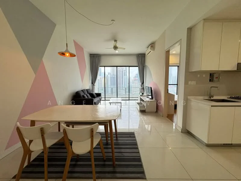 Living features: floor-to-ceiling windows, grey accent wall, white painted walls, 5-blade ceiling fan with light, sofa in black, dining table with 4 chairs, area rug with striped pattern, TV console, city view, recessed downlights; style: modern; view: city. Kitchen features: white cabinetry, stainless-steel sink, built-in stove, countertop with backsplash, refrigerator; style: modern.