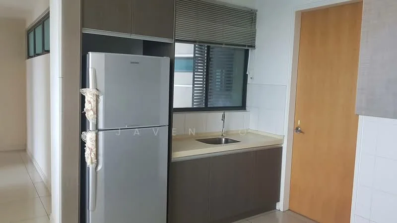 Kitchen features: stainless-steel fridge, single-bowl stainless-steel sink, chrome pull-down faucet, laminate countertop, dark wood cabinetry, white tiled backsplash, window with blinds, ceramic tile flooring; style: modern.