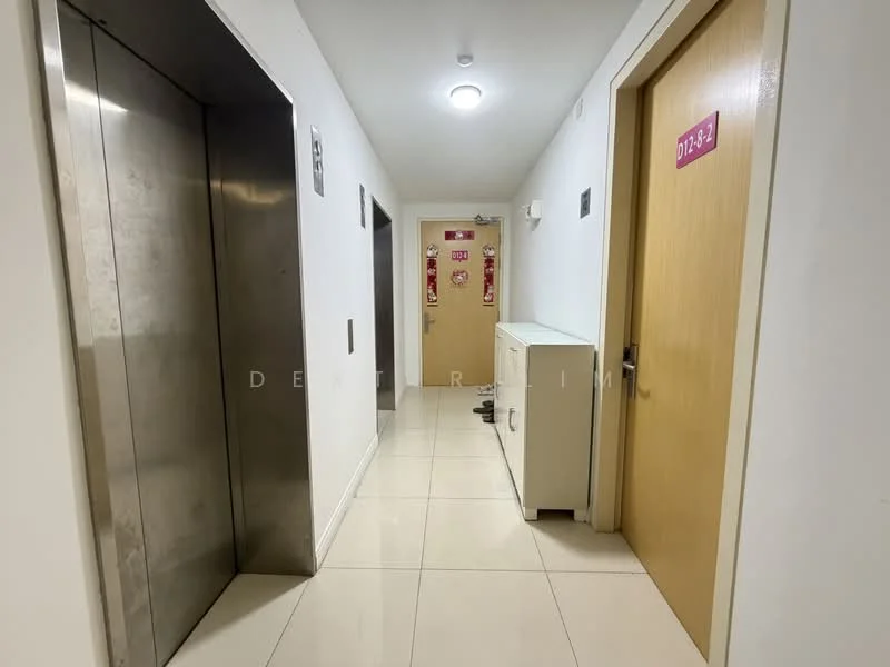 Hallway features: white painted walls, tile flooring, overhead ceiling light, elevator access, wooden doors, numbered door signs, side cabinet, fire extinguisher signage; style: modern.