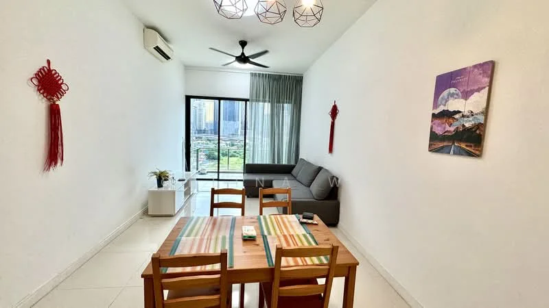 Living features: white painted walls, ceramic tile flooring, 5-blade ceiling fan with light, sofa in grey, dining table with 4 wooden chairs, floor-to-ceiling windows, curtains, decorative wall art, indoor plant in ceramic pot; style: modern; view: city.