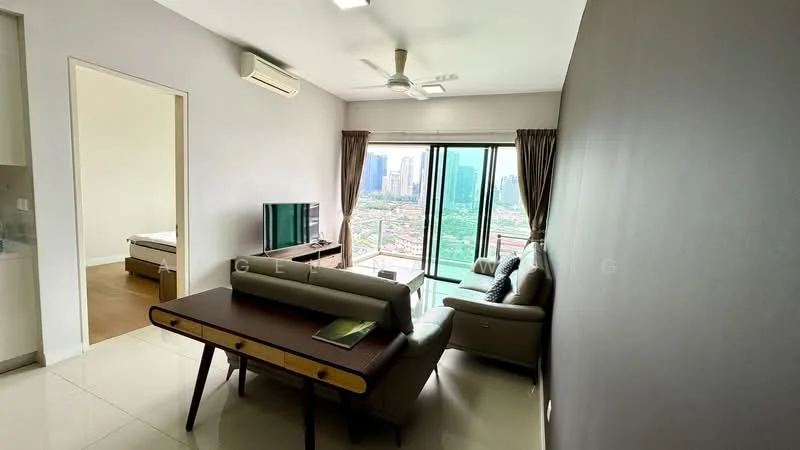 Living features: 3-seater fabric sofa in light grey, wooden coffee table, wall-mounted TV, floor-to-ceiling windows, city view, ceiling fan, recessed downlights, cream painted walls, glossy tile flooring; style: modern; view: city. Room features: light wood flooring, white painted walls.