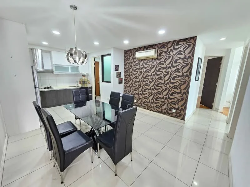 Dining features: glass dining table, 6 black leather dining chairs, brown patterned accent wall, white painted walls, tile flooring, recessed LED downlights, wall-mounted air conditioning unit, kitchen area visible in background, open layout, doorway to hallway; style: modern.