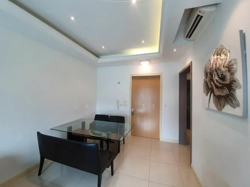 Dining features: glass dining table, 4 black upholstered dining chairs, white painted walls, tray ceiling with recessed lighting, wall-mounted air conditioning unit, decorative wall art with floral design, tile flooring; style: modern.