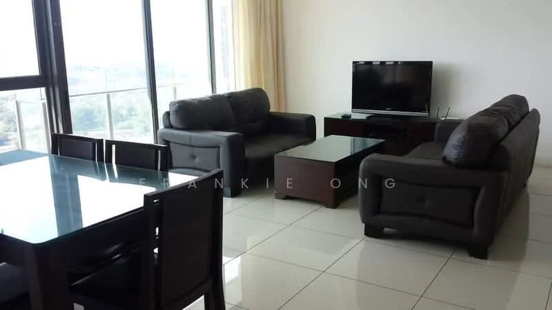 Living features: 2-seater leather sofa in black, 3-seater leather sofa in black, coffee table in dark wood, TV console in dark wood, wall-mounted TV, floor-to-ceiling windows, curtains in light beige, white painted walls, glossy tile flooring, area rug with geometric pattern; style: modern; view: city. Dining features: 4-seater dining table in dark wood, black dining chairs, glossy tile flooring; style: modern; view: city.