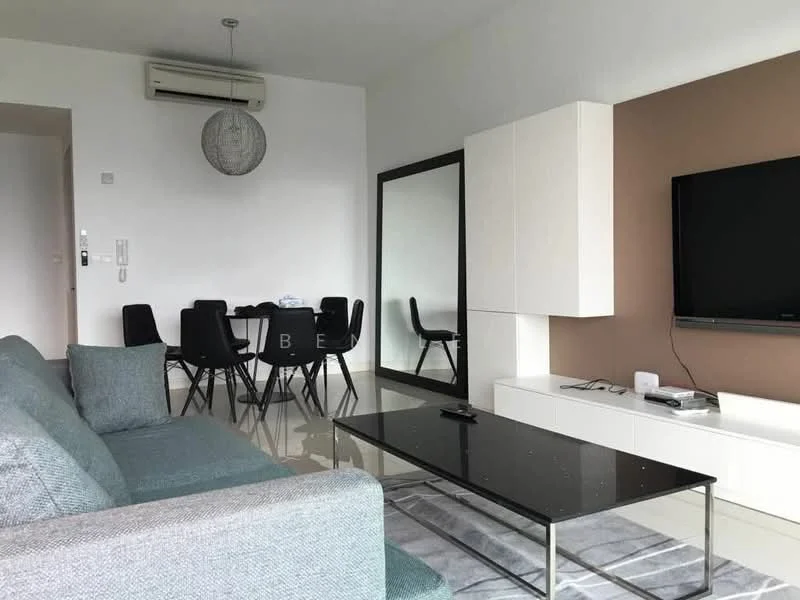 Living features: grey fabric sofa, black coffee table, white TV console, wall-mounted TV, area rug with geometric pattern, floor-to-ceiling mirror, 5-blade ceiling fan, recessed downlights, glossy tile flooring, dining table with black chairs, air conditioning unit; style: modern.