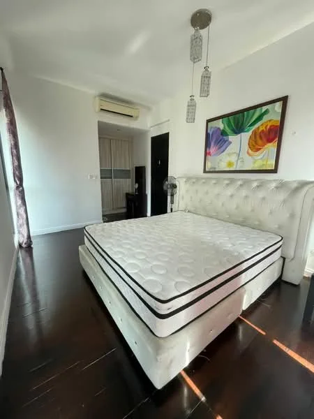 Bedroom features: queen-size bed base without mattress, upholstered headboard in white, dark wood flooring, white painted walls, ceiling light fixture with hanging glass pendants, floor-to-ceiling window with sheer curtains, wall-mounted air conditioning unit, decorative artwork with floral design, standing fan; style: modern.