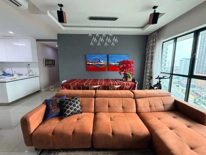 Living features: L-shape sectional sofa in brown, coffee table, area rug with geometric pattern, floor-to-ceiling windows, city view, recessed downlights, hanging pendant lights, decorative wall art, curtains, wall-mounted air conditioning unit; style: modern; view: city. Kitchen features: white cabinetry, stainless-steel sink, built-in oven, freestanding range oven, ceramic tile flooring; style: modern.