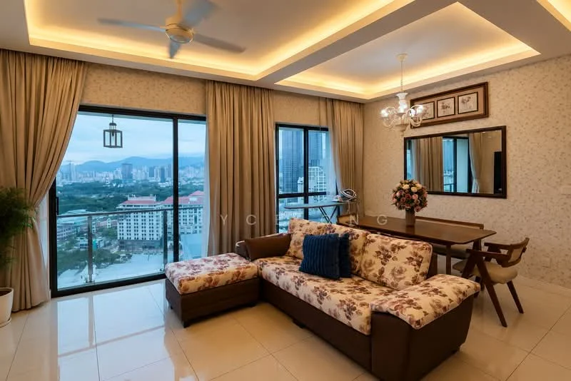 Living features: 3-seater fabric sofa with floral pattern, decorative blue throw pillow, coffee table, dining table with chairs, floor-to-ceiling windows, curtains, recessed LED downlights, ceiling fan, chandelier, wall-mounted artwork, light-colored wallpaper with floral pattern, glossy tile flooring; style: modern; view: city.