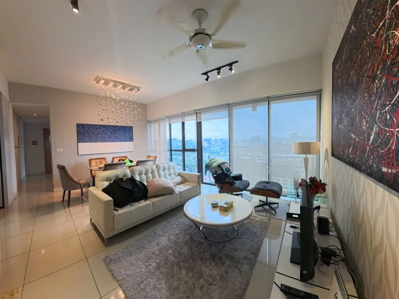 Living features: 3-seater fabric sofa in cream, coffee table with round glass top, area rug with geometric pattern, wall-mounted TV, entertainment unit, floor-to-ceiling windows, city skyline view, ceiling fan with light, recessed downlights, decorative wall art, potted plants, sliding glass door, marble tile flooring; style: modern; view: city.
