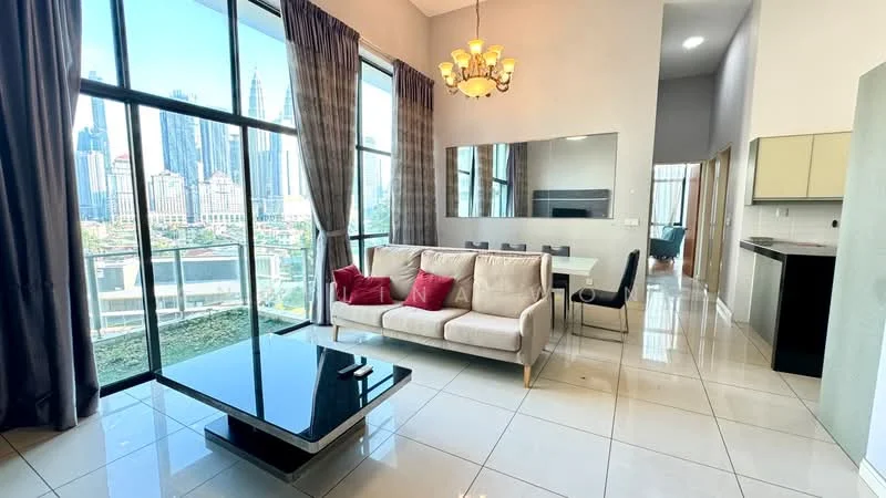 Living features: floor-to-ceiling windows, grey fabric sofa, coffee table, chandelier, curtains, marble tile flooring, wall-mounted mirror, dining table for six, open kitchen layout, kitchen cabinetry, black countertop; style: modern; view: city.