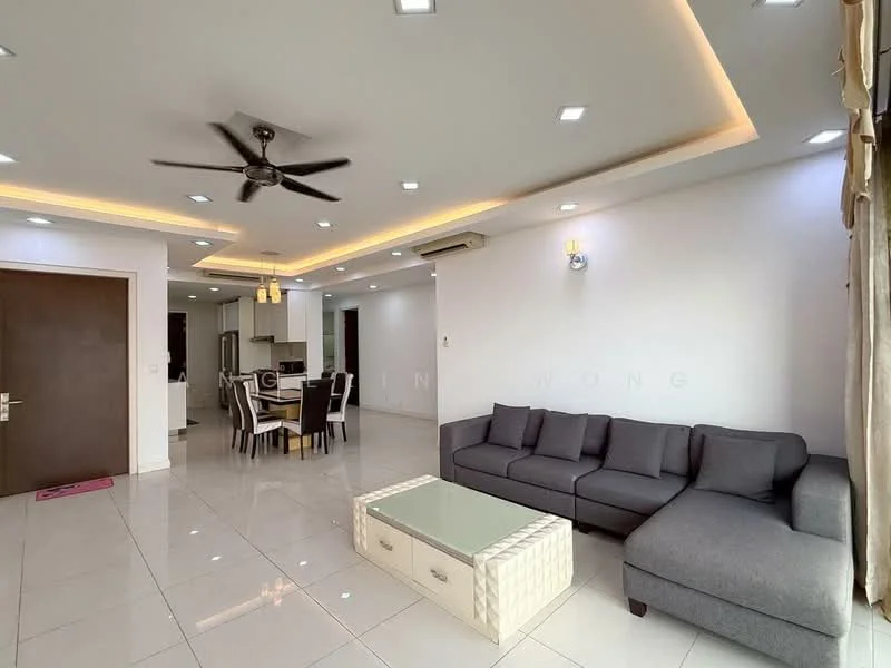 Living features: grey L-shape sectional sofa, coffee table with glass top, recessed LED downlights, 5-blade ceiling fan with light, white painted walls, glossy white tile flooring, curtains, dining area visible in background with 6-seater dining table; style: modern.
