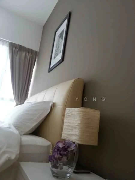 Bedroom features: king-size bed, upholstered headboard in beige, white bedding, nightstand with lamp, table lamp with woven shade, framed artwork on wall, brown painted wall, curtains in light grey, floor-to-ceiling window, decorative vase with flowers; style: modern.
