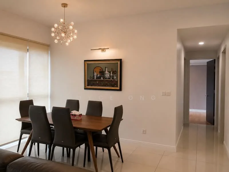 Dining features: 6-seater dining table, upholstered dining chairs, chandelier light fixture, framed artwork on wall, window with roller blinds, white painted walls, tile flooring, decorative wall sconce; style: modern. Room features: white painted walls, tile flooring, doorway leading to hallway.
