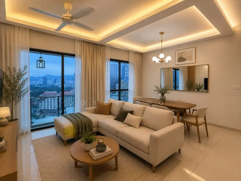 Living features: 3-seater fabric sofa in cream, coffee table with round top, area rug with neutral color, floor-to-ceiling windows, city skyline view, ceiling fan with light, recessed LED downlights, decorative mirror, dining table with 4 chairs, wall-mounted artwork, greenery in ceramic pot, curtains in light fabric; style: modern; view: city.