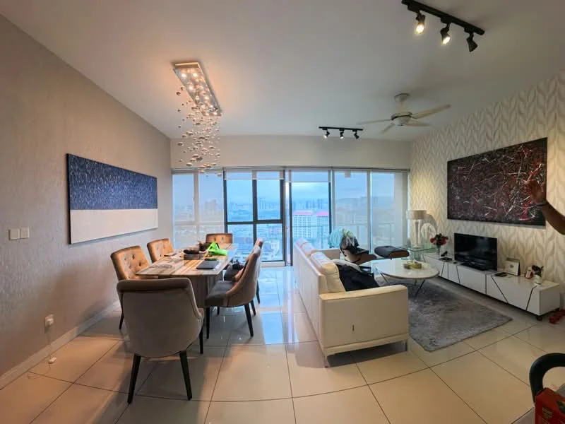 Living features: 3-seater white leather sofa, 2-seater beige fabric sofa, glass coffee table, wall-mounted TV, TV console, area rug with geometric pattern, floor-to-ceiling windows, city view, 5-blade ceiling fan with light, decorative wall art, dining table with 6 upholstered chairs, pendant light fixture; style: modern; view: city.