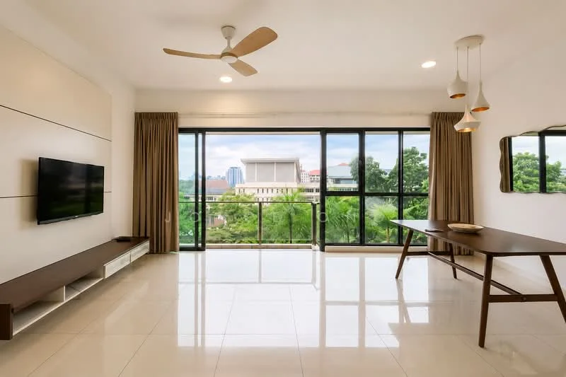 Living features: floor-to-ceiling windows, sliding glass door, 3-blade ceiling fan, recessed LED downlights, wall-mounted TV, wooden TV console, white painted walls, cream tiled flooring, dining table, curtains, view of greenery; style: modern; view: garden.