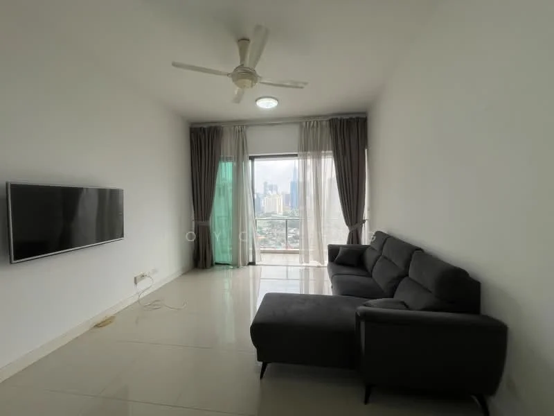 Living features: grey fabric sectional sofa, wall-mounted flat-screen TV, white painted walls, large sliding glass door, floor-to-ceiling windows, sheer curtains, recessed ceiling light, ceiling fan, glossy tile flooring; style: modern; view: city.