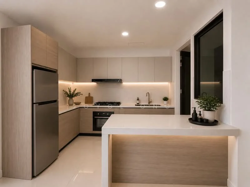 Kitchen features: stainless-steel fridge, built-in oven, 4-burner gas hob, chrome pull-down faucet, white quartz countertop, light wood cabinetry, white upper cabinets, under-cabinet lighting, recessed LED downlights, open shelving, neutral tile flooring, window with black frame; style: modern.