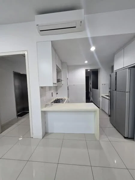 Kitchen features: white cabinetry, stainless-steel fridge, built-in oven, 4-burner gas hob, white countertop, ceramic tile flooring, recessed downlights, wall-mounted split AC, open shelving, back wall with tile cladding, single-bowl stainless-steel sink, chrome pull-down faucet; style: modern.