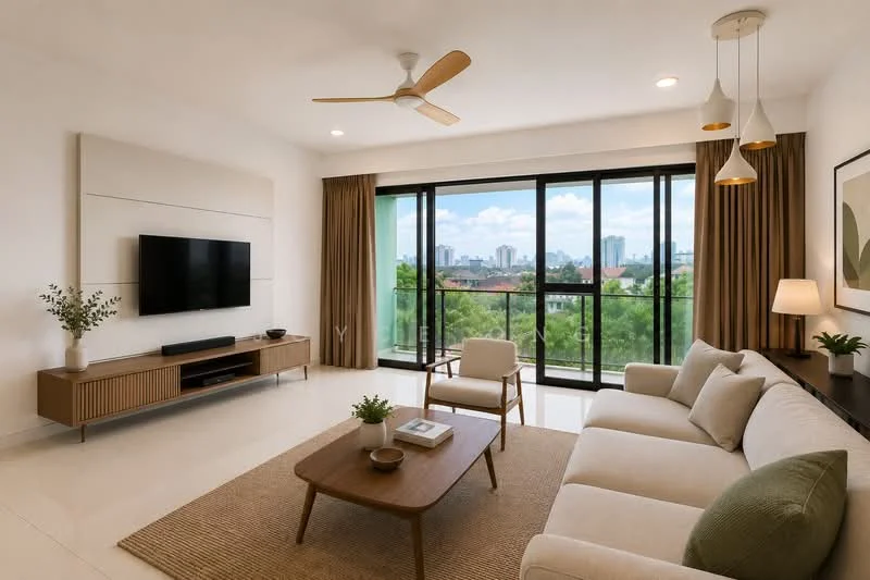 Living features: 3-seater fabric sofa in light beige, wooden coffee table, area rug with neutral color, wall-mounted TV, media console with wooden finish, floor-to-ceiling windows, sheer curtains, ceiling fan with light, pendant lighting, decorative wall art, greenery in ceramic pot, side chair in light fabric; style: modern; view: city.
