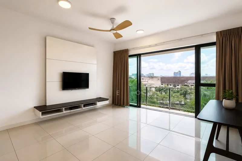Living features: white painted walls, glossy tile flooring, 5-blade ceiling fan, wall-mounted TV, floating TV console, large sliding glass door, floor-to-ceiling windows, curtains, decorative plant on table; style: modern; view: garden.