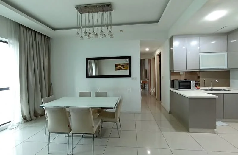 Dining features: glass dining table, 4 upholstered dining chairs, pendant light fixture, white painted walls, tile flooring, floor-to-ceiling windows with sheer curtains, mirror on wall, open layout to kitchen; style: modern. Kitchen features: grey flat-panel cabinets, stainless-steel microwave, built-in oven, stainless-steel sink, chrome pull-down faucet, white quartz countertop, tile backsplash, open layout to dining area; style: modern.