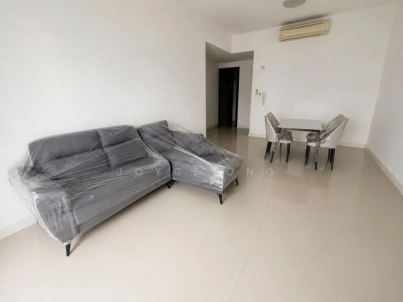 Living features: grey fabric 3-seater sofa, grey fabric 2-seater sofa, glass dining table, 4 upholstered dining chairs, cream tiled flooring, white painted walls, wall-mounted split AC; style: modern.