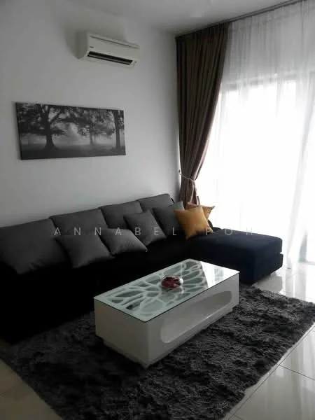 Living features: 3-seater fabric sofa in grey, glass coffee table with decorative elements, area rug in dark grey, floor-to-ceiling windows, sheer curtains, dark brown curtains, wall-mounted split AC, framed artwork with tree motif, white painted walls, glossy tile flooring; style: modern.