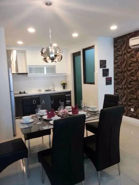 Dining features: 6-seater dining table, black upholstered dining chairs, decorative centerpiece on table, pendant light fixture, white walls, grey accent wall with pattern, floor-to-ceiling windows, marble tile flooring, air conditioning unit, open kitchen layout; style: modern. Kitchen features: stainless-steel fridge, built-in oven, ceramic cooktop, white cabinetry, black countertop, sink with faucet, open shelving, backlit wall shelf; style: modern.