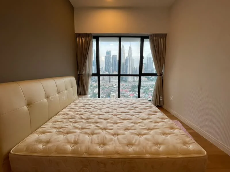 Bedroom features: king-size bed, upholstered headboard, floor-to-ceiling windows, city skyline view, light-colored walls, wood flooring, sheer curtains, decorative wall paneling; style: modern; view: city.